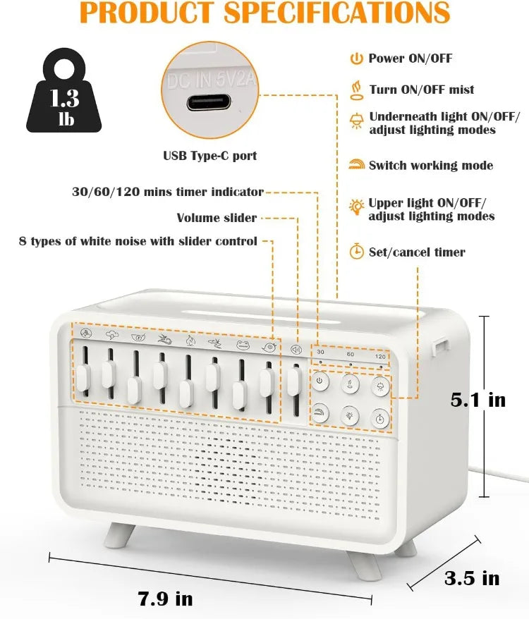 Machine à Bruit Blanc 5en1  Bluetooth Diffuseur d’Arômes Humidificateur Veilleuse Somniora