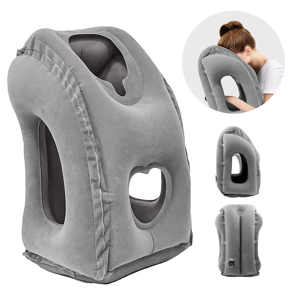 Oreiller de voyage gonflable à valve brevetée pour le soutien du cou en avion et en voiture